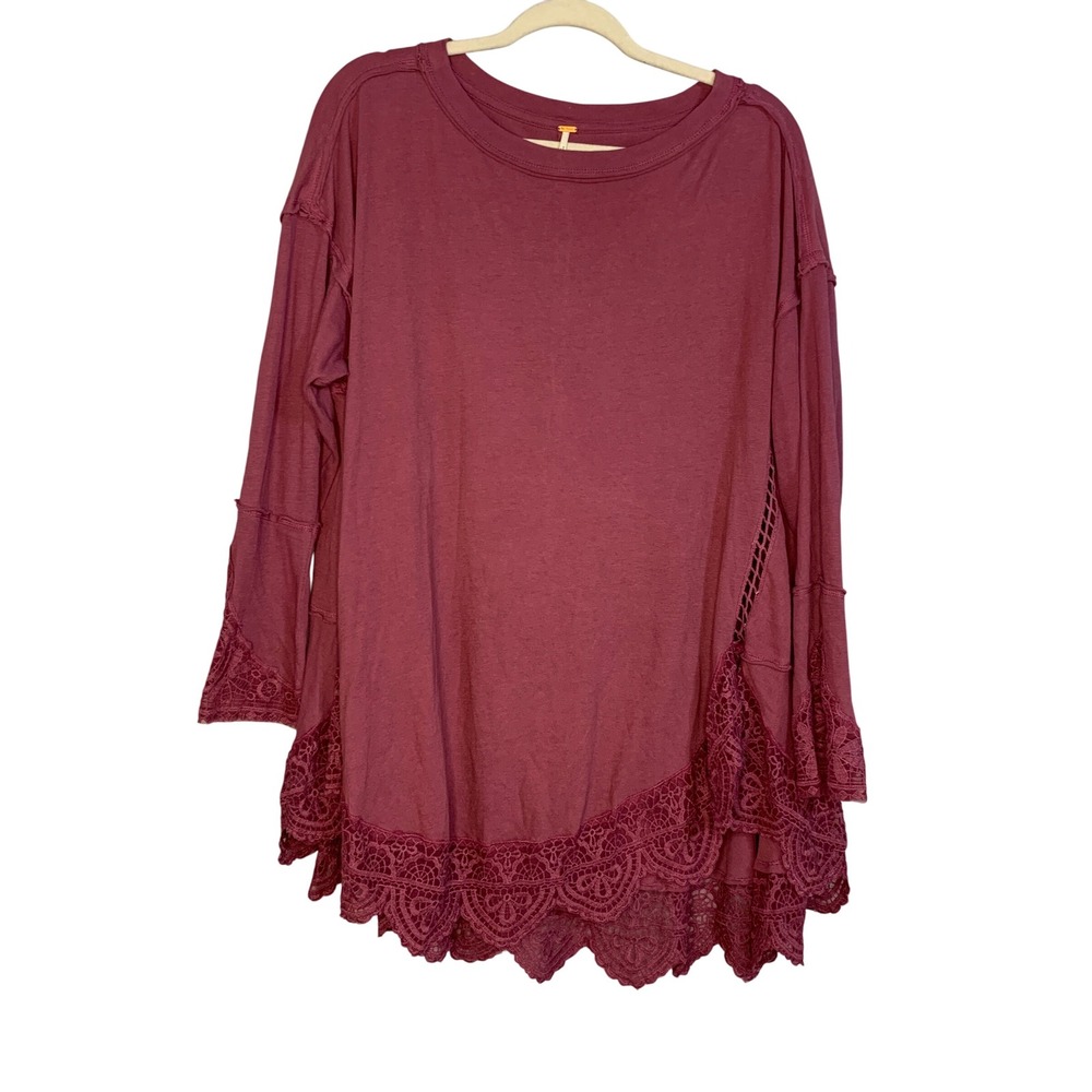 Free People‎ Tunic Top Small S Long Sleeve Lace Trim Boho Maroon Women's